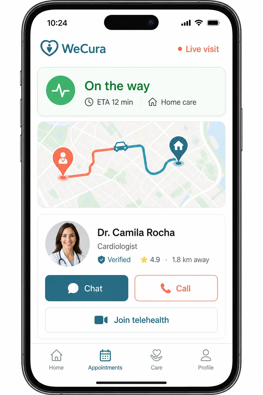 WeCura patient app showing a live home visit with ETA, doctor details, and Join telehealth