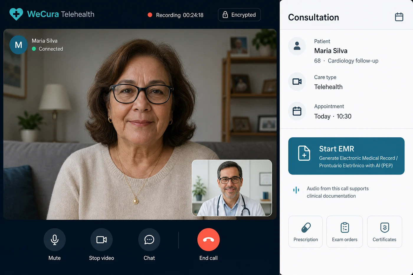 WeCura telehealth consultation screen with Start EMR action for clinical documentation